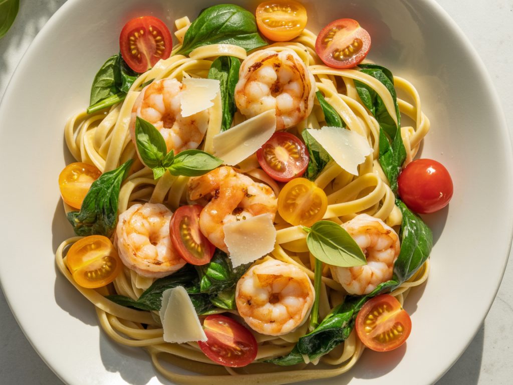 Garlic butter shrimp pasta with cherry tomatoes and spinach in white bowl showing colorful vegetables