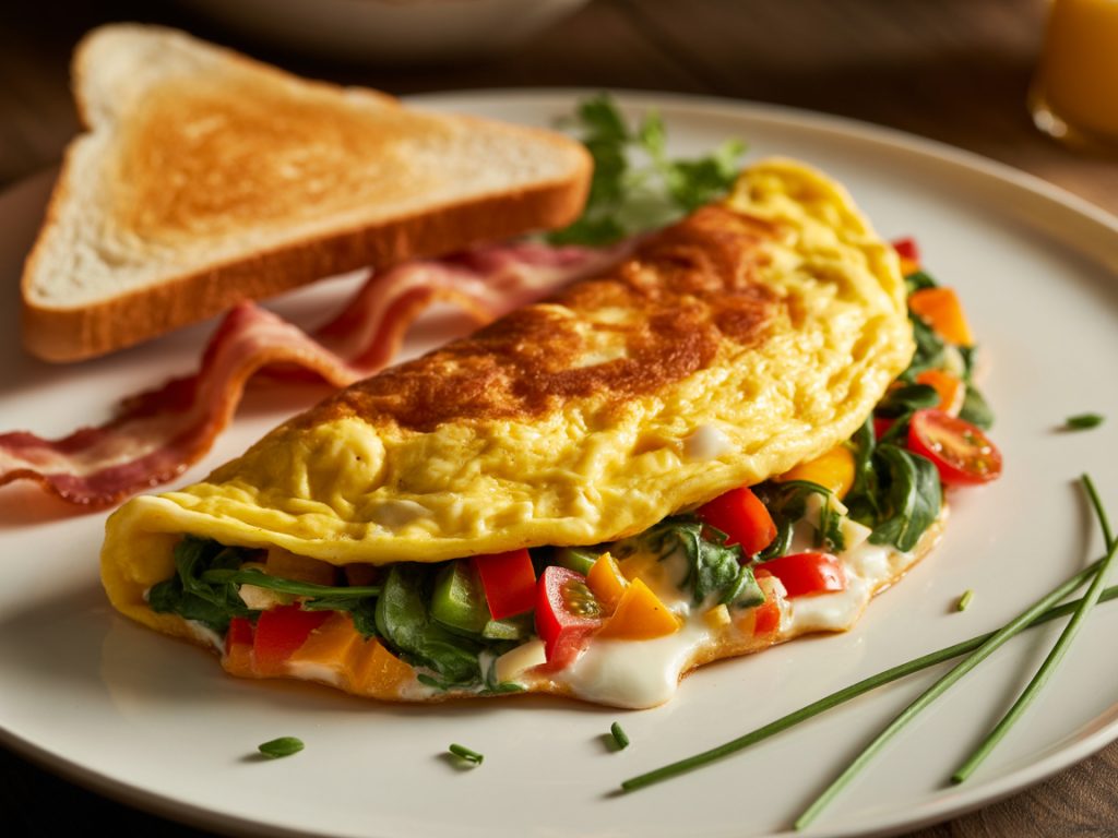 luffy omelet filled with vegetables and cheese on plate with toast and bacon