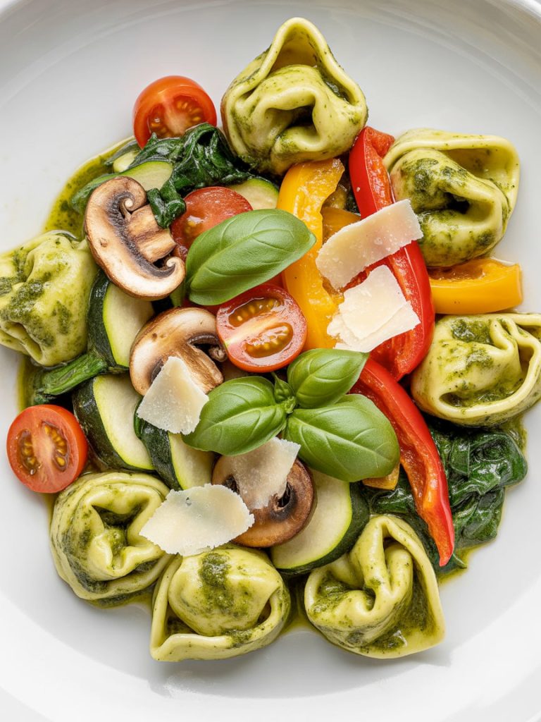 Bowl of pesto tortellini loaded with mushrooms, spinach, peppers and tomatoes in green sauce