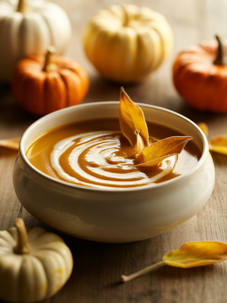Bowl of creamy pumpkin soup with cream swirl and crispy sage leaves