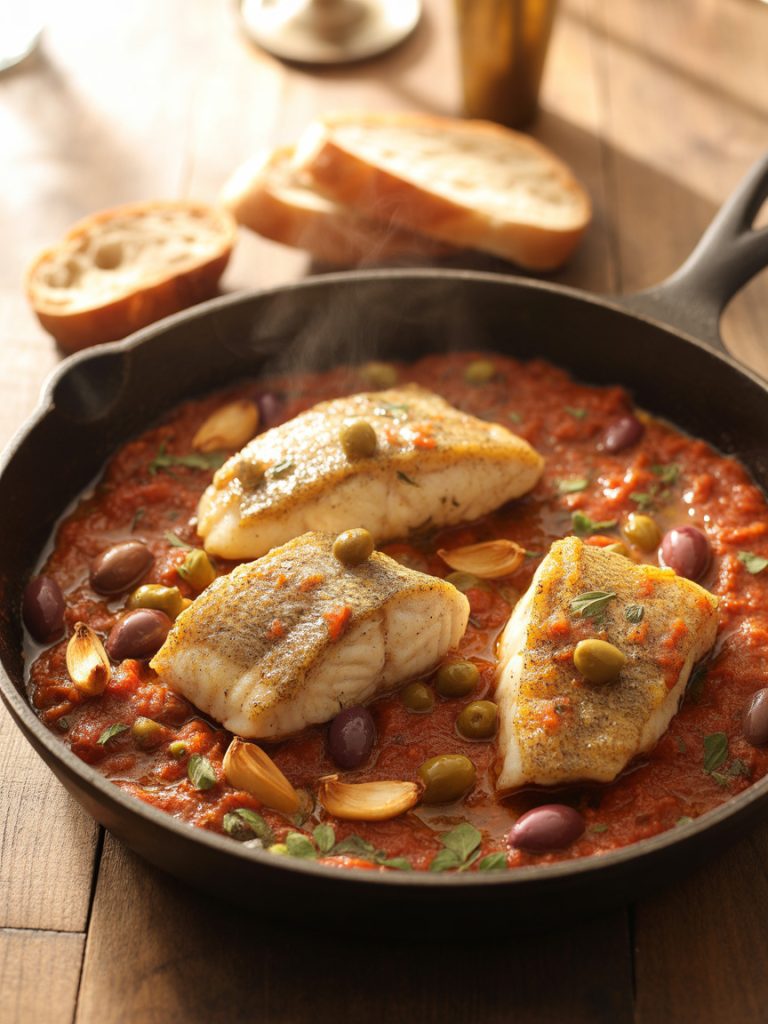 Pan-seared white fish fillet in tomato sauce with olives, capers, and herbs