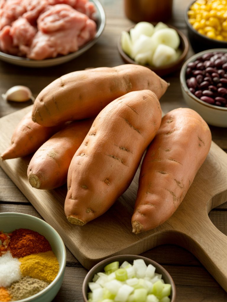 Four whole raw sweet potatoes alongside taco filling ingredients including ground meat, black beans, corn, onions, and spices on a kitchen counter