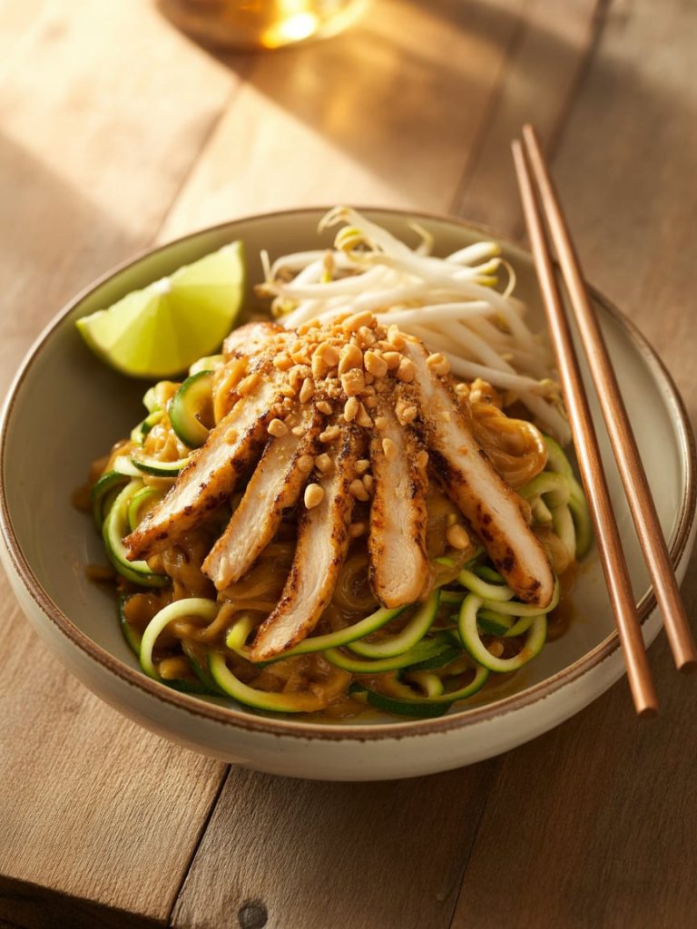 Zucchini noodle pad Thai with chicken, bean sprouts, and crushed peanuts in a ceramic bowl