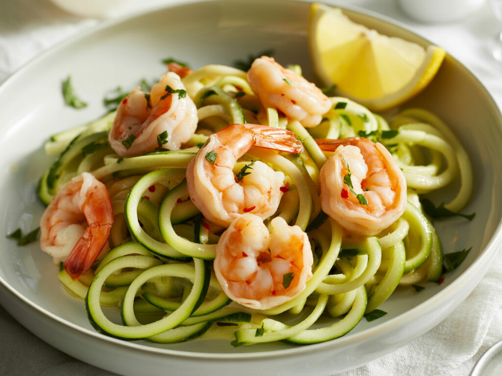 Healthy zucchini noodles with garlic shrimp scampi in white bowl