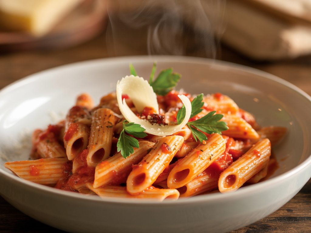 Spicy arrabbiata pasta with red pepper flakes, fresh parsley, and parmesan