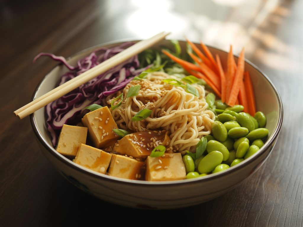 Asian noodle bowl with crispy tofu, vegetables, and sesame seeds in soy-ginger dressing