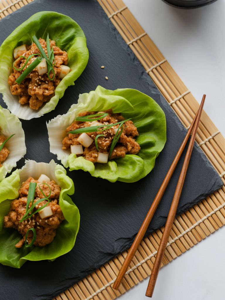 Fresh Asian-style ground turkey lettuce wraps with green onions and water chestnuts on black plate