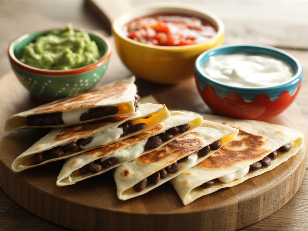 Crispy black bean quesadillas with melted cheese served with guacamole, salsa, and sour cream