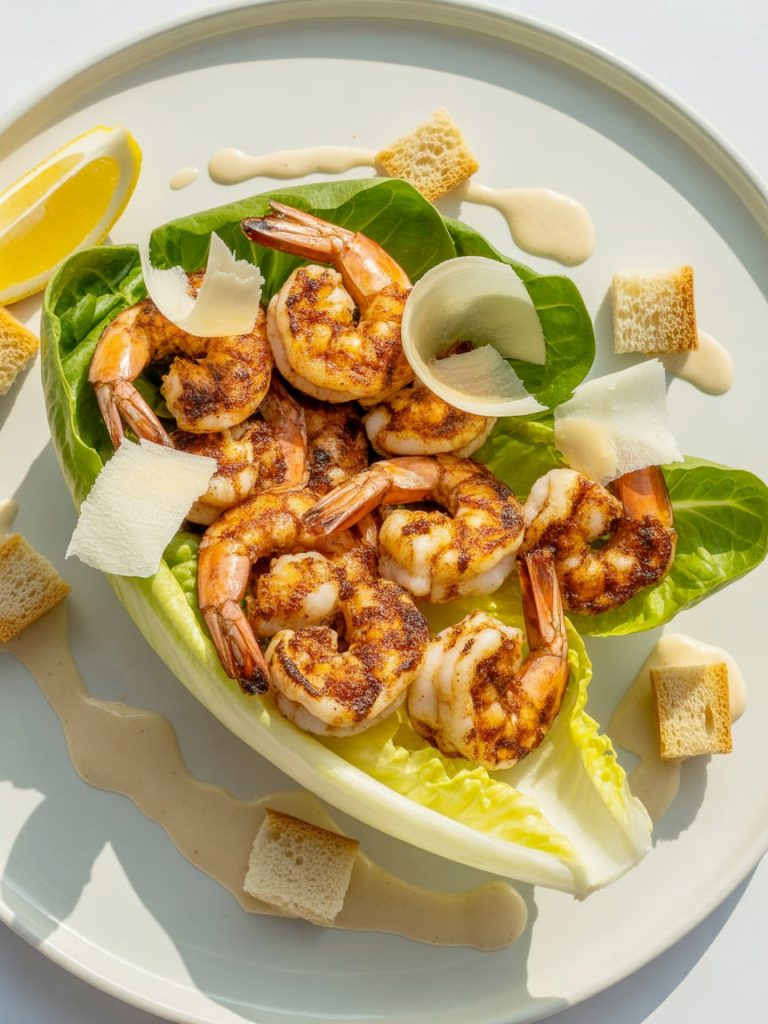 Blackened shrimp Caesar salad with romaine lettuce, parmesan, and croutons