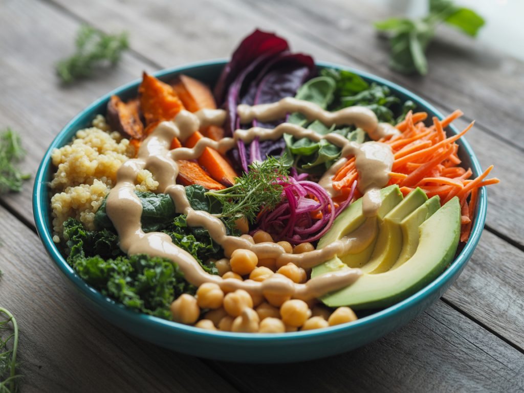Colorful buddha bowl with quinoa, roasted vegetables, chickpeas, and tahini dressing
