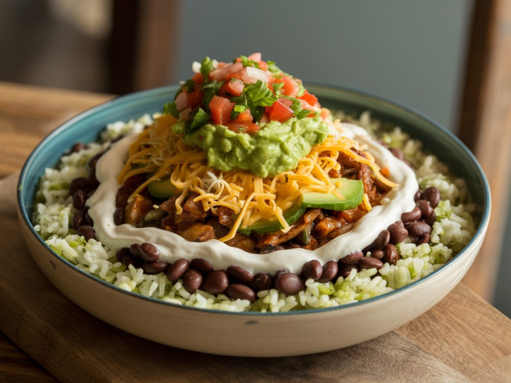 Loaded vegetarian burrito bowl with rice, black beans, fajita vegetables, and fresh toppings