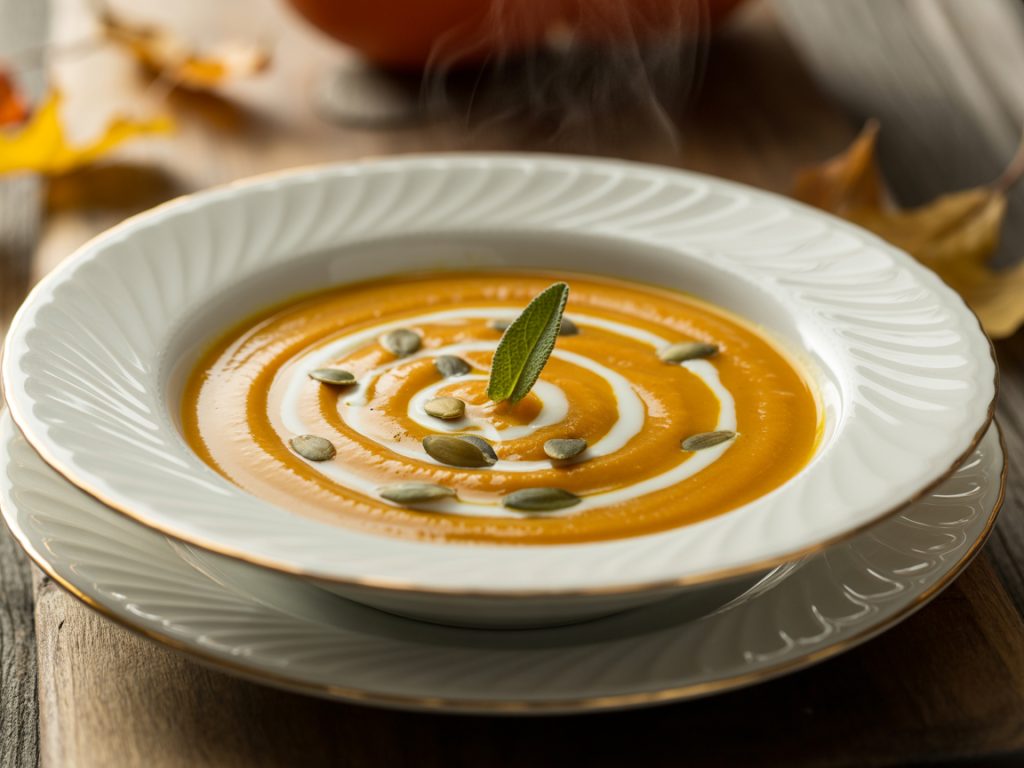 Creamy butternut squash soup garnished with pumpkin seeds, cream swirl, and fresh sage