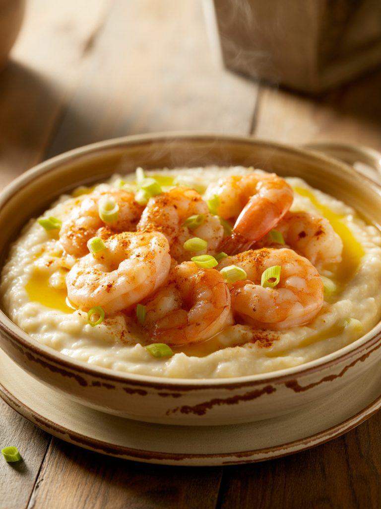 Cajun shrimp and grits with butter sauce and green onion garnish