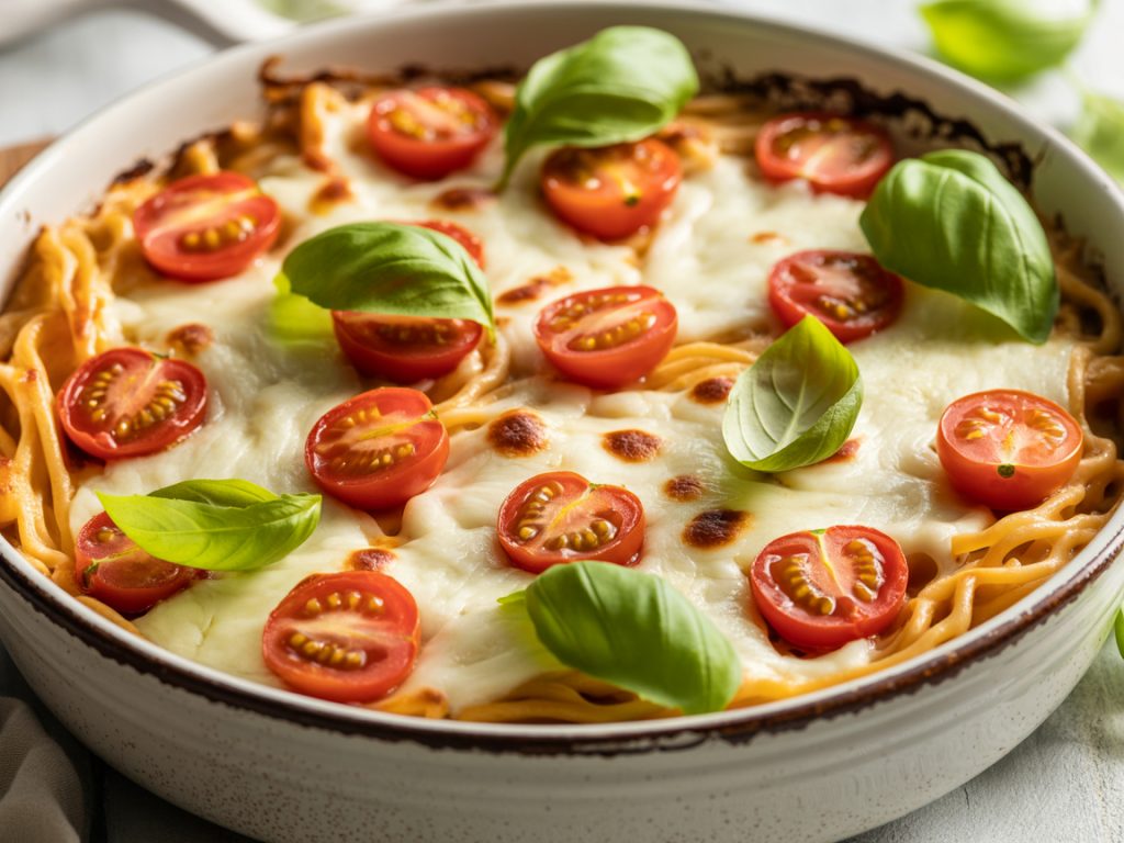 Baked caprese pasta with melted mozzarella, cherry tomatoes, and fresh basil in ceramic dish