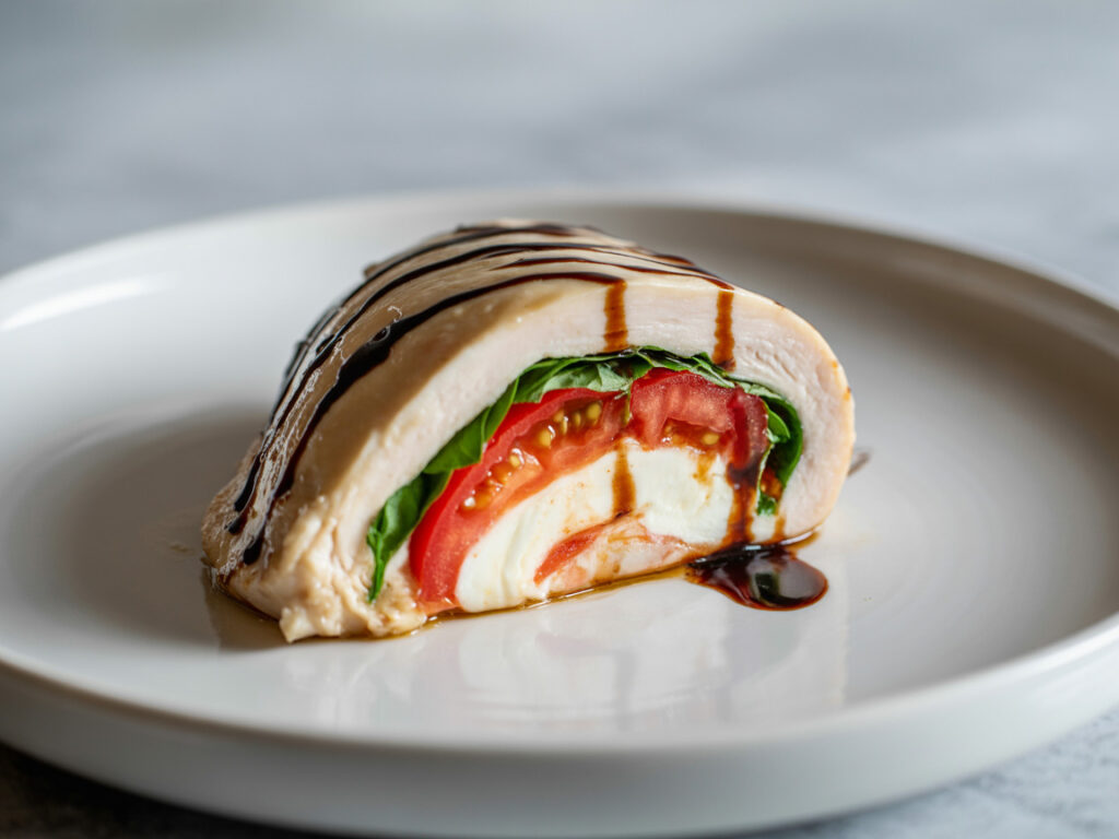 Sliced caprese stuffed chicken breast with mozzarella, tomato, and basil filling on white plate