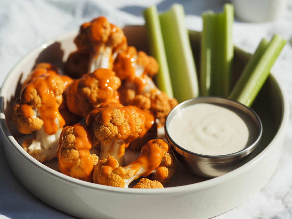 Crispy cauliflower buffalo wings with ranch dressing and celery sticks on white platter