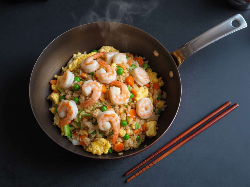 Cauliflower fried rice with shrimp, eggs, and vegetables in bowl with chopsticks