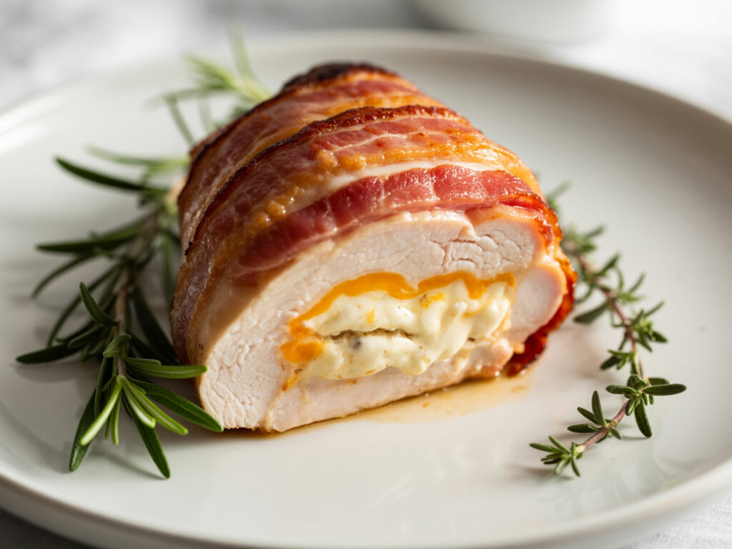 Sliced bacon-wrapped chicken breast showing melted cheese filling on white plate