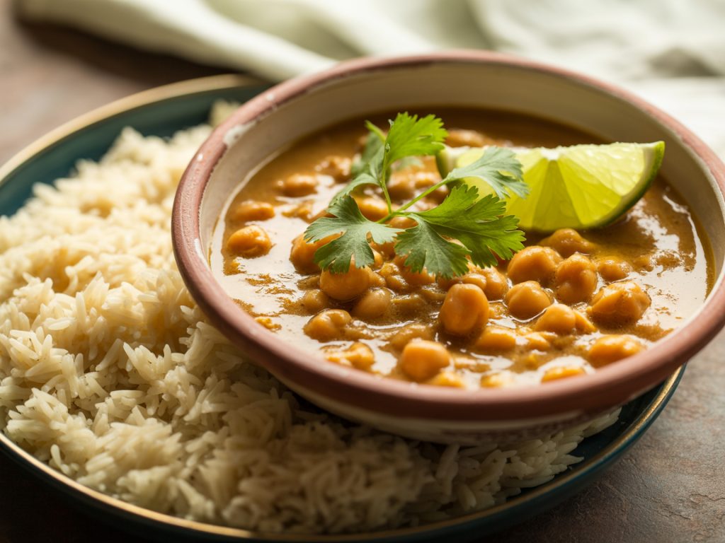Creamy chickpea curry with coconut milk garnished with cilantro and lime served with basmati rice