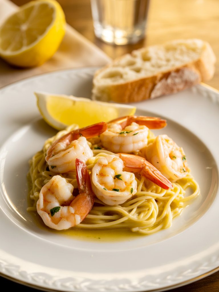 Classic shrimp scampi with white wine butter sauce over angel hair pasta