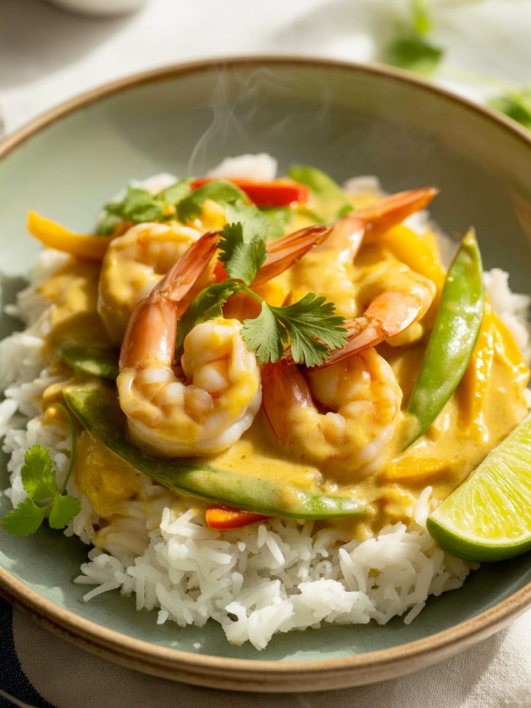 Coconut curry shrimp with vegetables over jasmine rice with cilantro