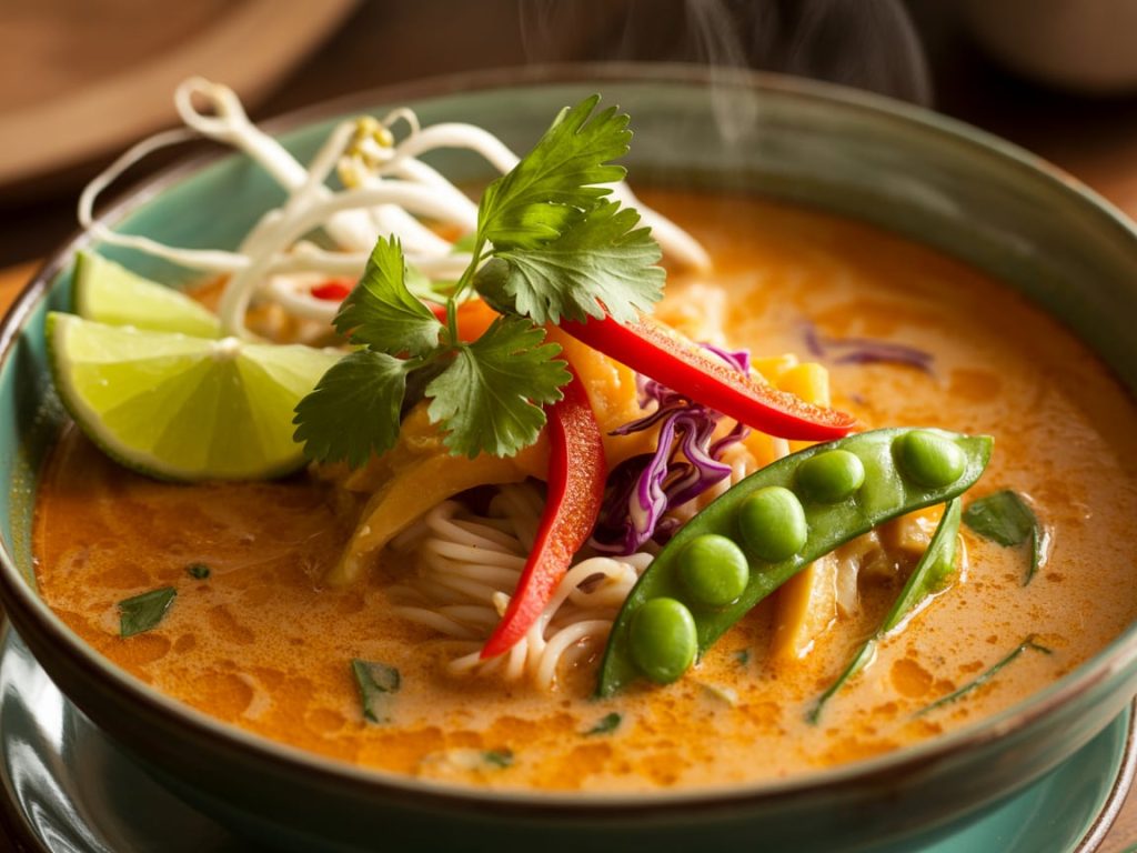 Thai coconut curry soup with rice noodles and vegetables garnished with lime and cilantro