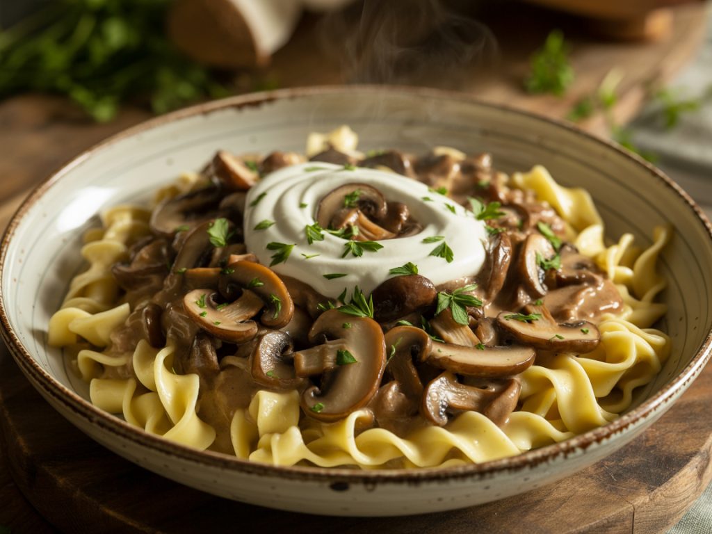Creamy mushroom stroganoff with egg noodles in ceramic bowl garnished with fresh parsley