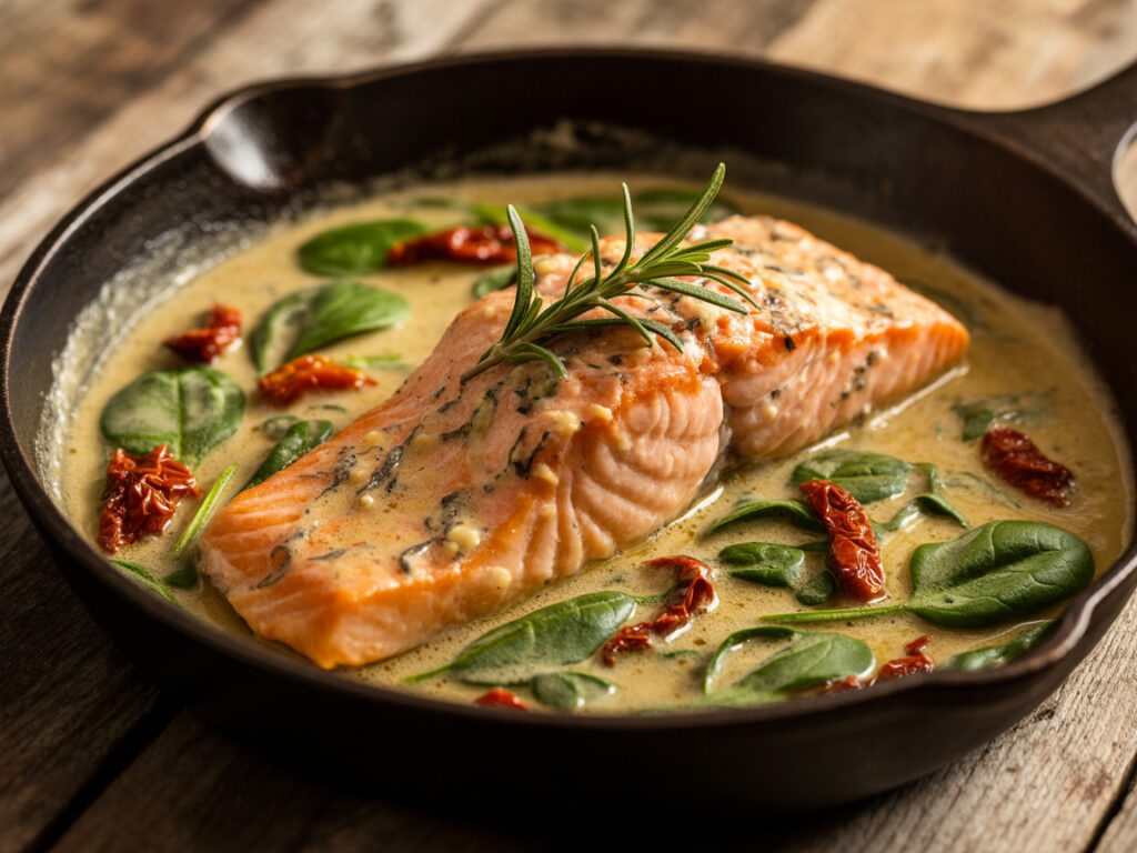 Pan-seared salmon in creamy Tuscan sauce with sun-dried tomatoes and spinach in cast iron skillet