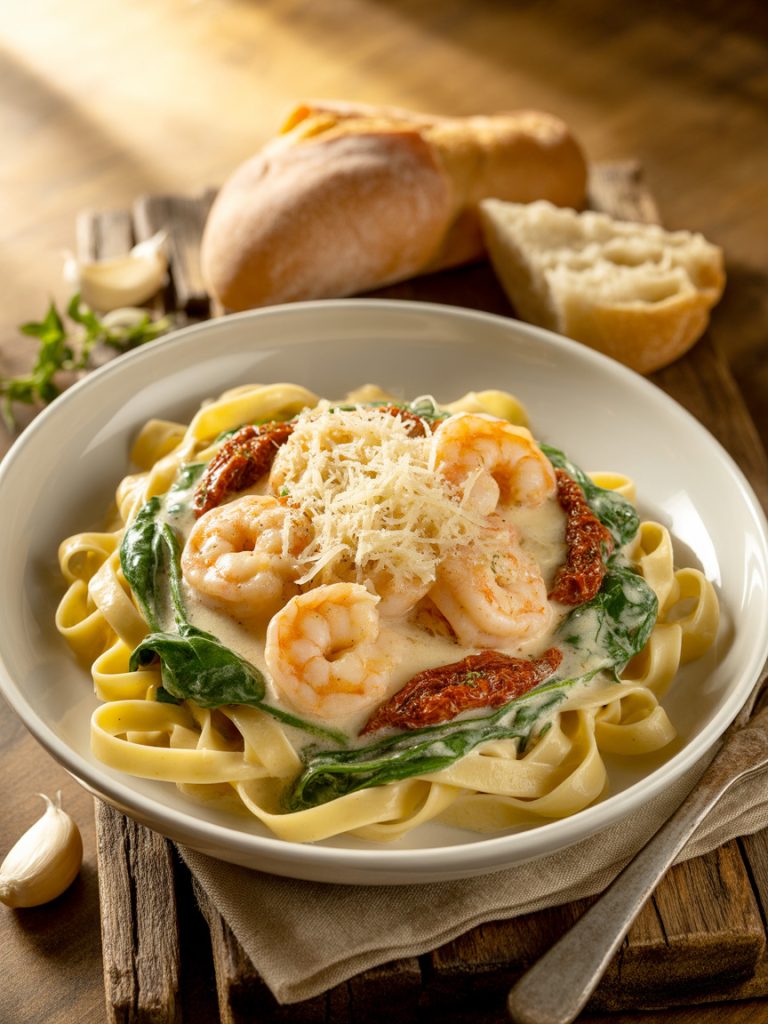 Creamy Tuscan shrimp with sun-dried tomatoes and spinach over pasta
