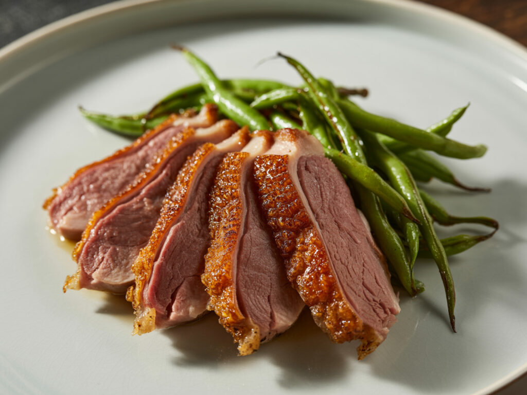 Sliced duck breast with crispy skin and sautéed green beans on white plate