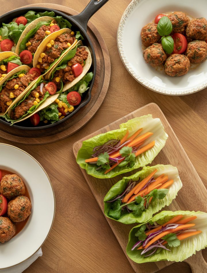 Delicious ground turkey dinner spread with tacos, meatballs, and lettuce wraps on a rustic wooden table