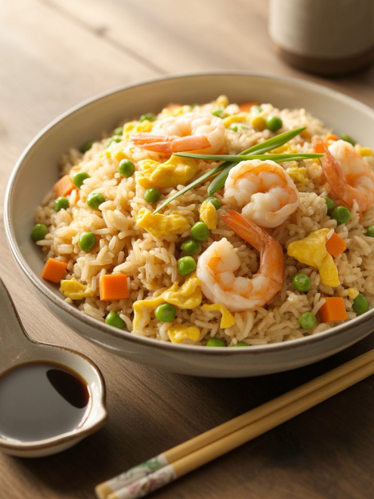 Homemade shrimp fried rice with vegetables, eggs, and green onions
