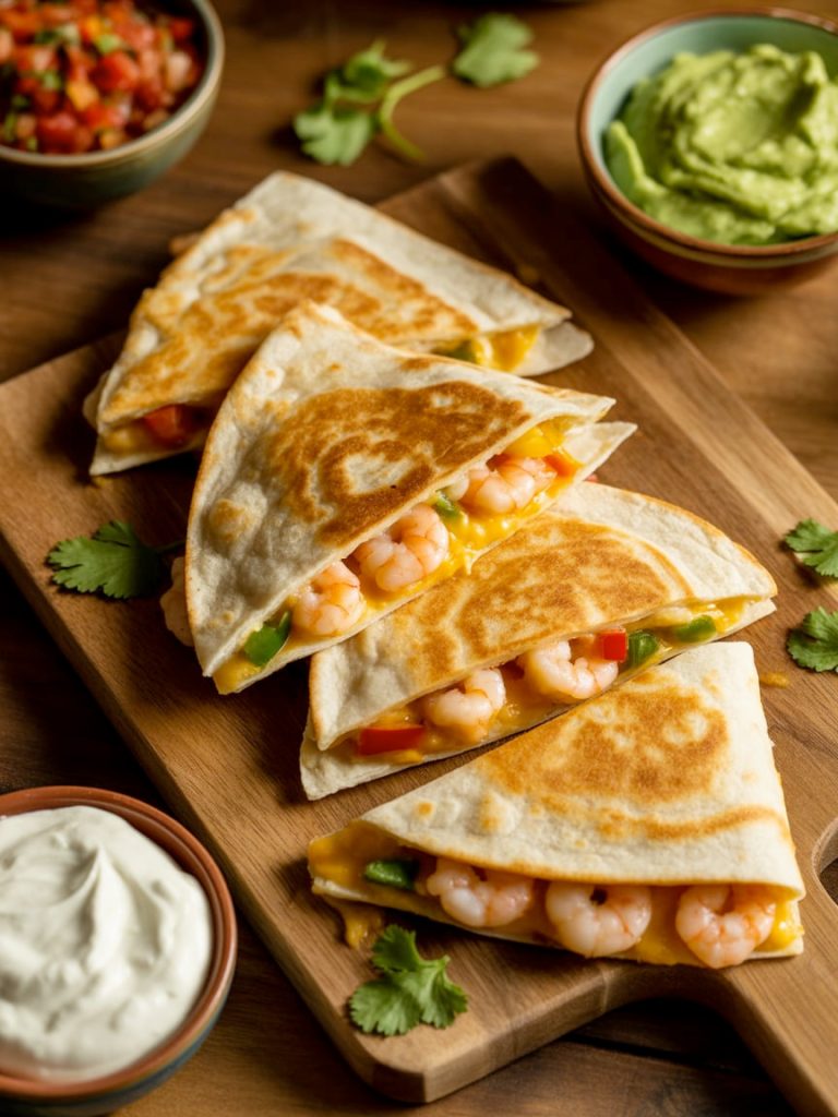 Crispy shrimp quesadillas cut into wedges with salsa, sour cream, and guacamole
