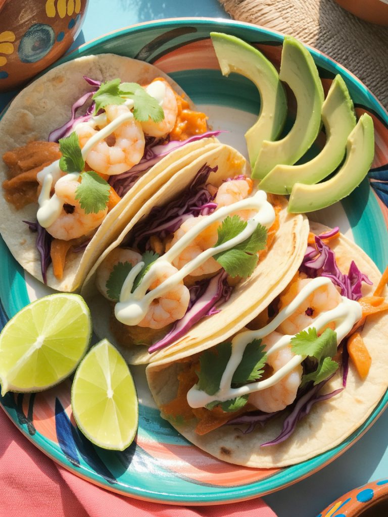 Shrimp tacos with cilantro lime slaw, avocado, and fresh lime wedges