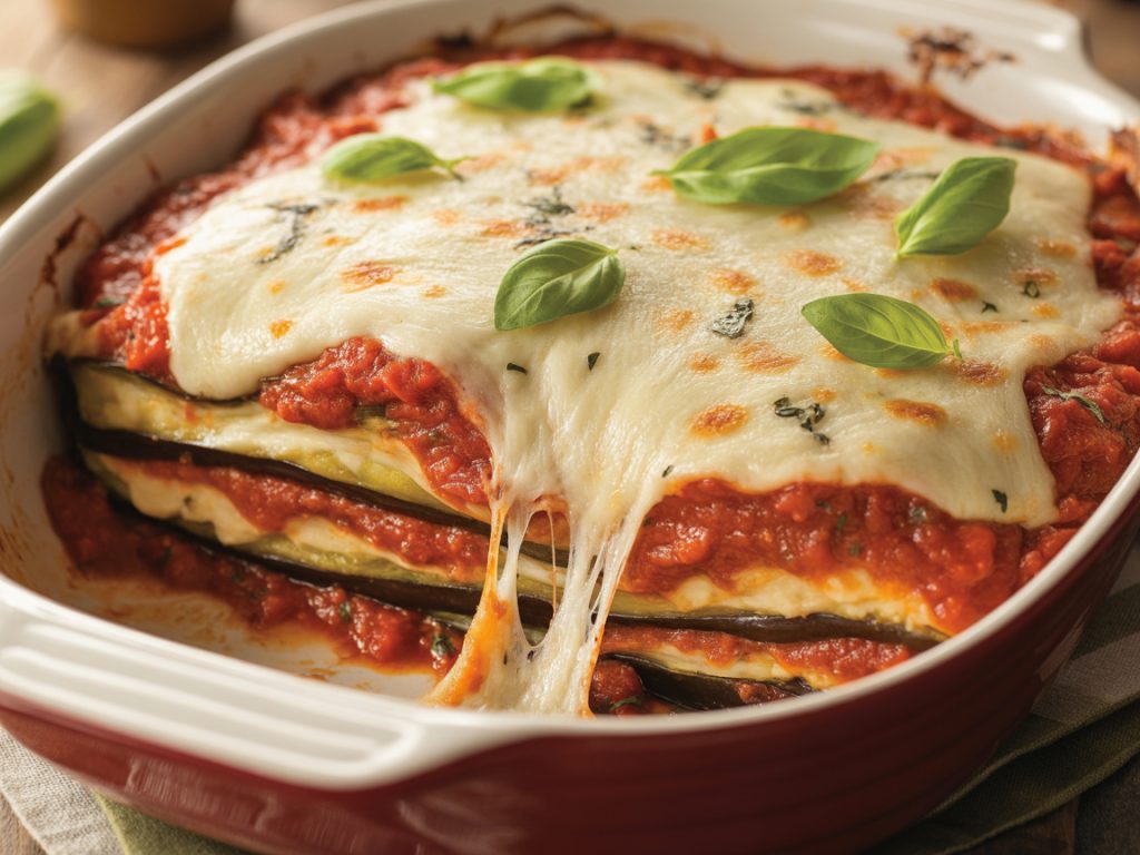 Layered eggplant parmesan with melted mozzarella and marinara sauce in baking dish