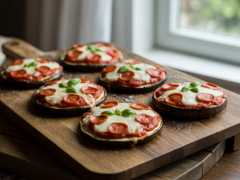 Eggplant pizza rounds topped with marinara, mozzarella, and pepperoni on baking sheet
