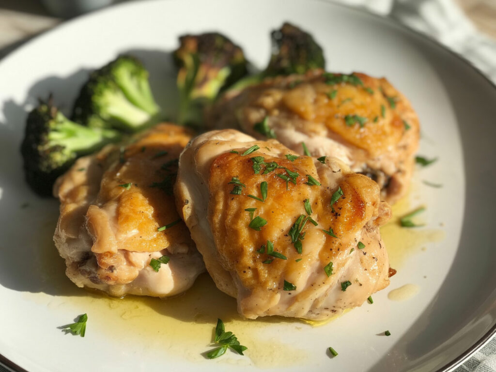 Crispy garlic butter chicken thighs with roasted broccoli on white plate
