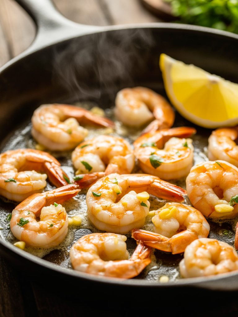 Garlic butter shrimp in cast iron skillet with fresh parsley and lemon