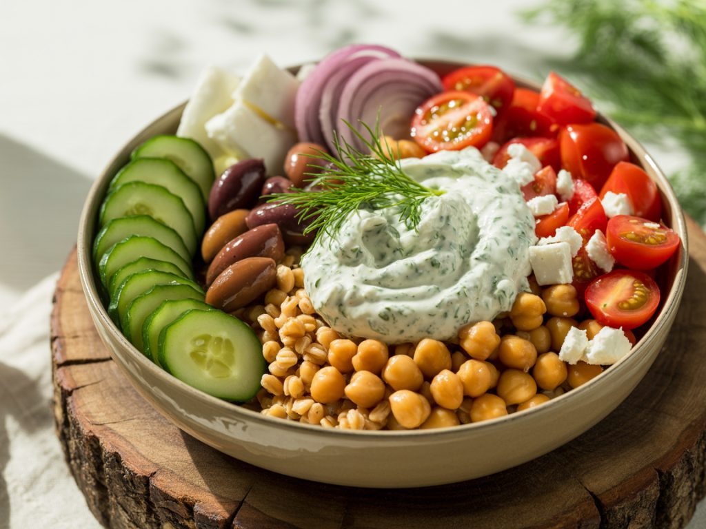 Greek grain bowl with farro, roasted chickpeas, vegetables, feta, and tzatziki sauce