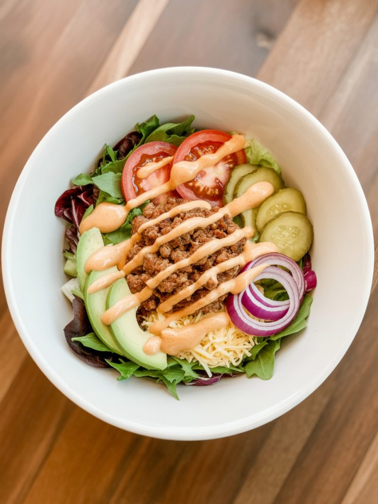 Deconstructed turkey burger bowl with lettuce, tomatoes, pickles, avocado, and seasoned ground turkey