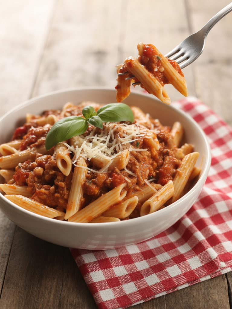 Penne pasta tossed with ground turkey tomato sauce and fresh basil in white bowl