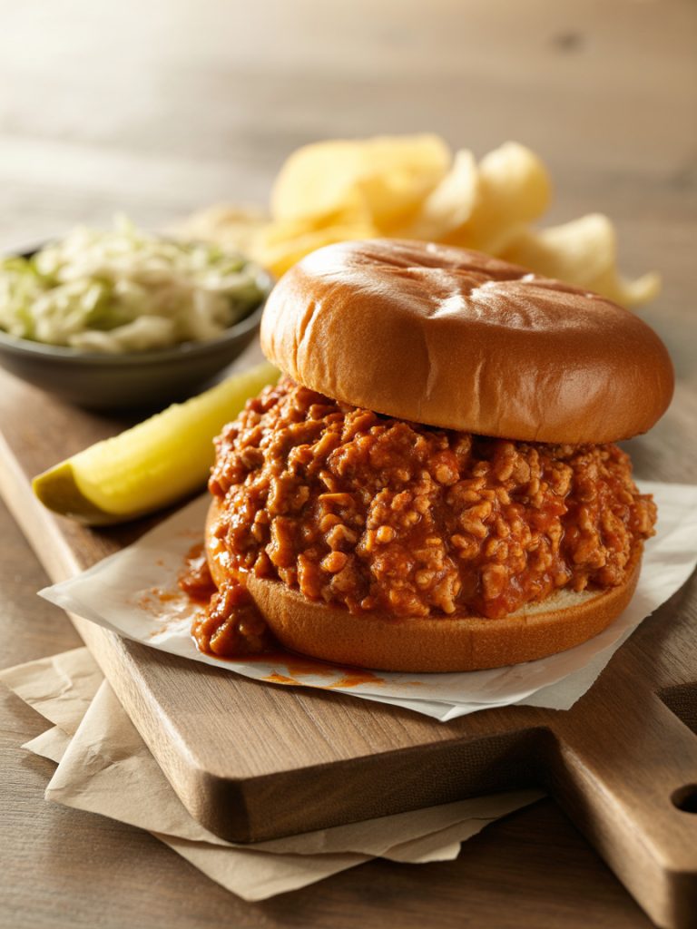 Ground turkey sloppy joe sandwich on toasted bun with coleslaw on the side