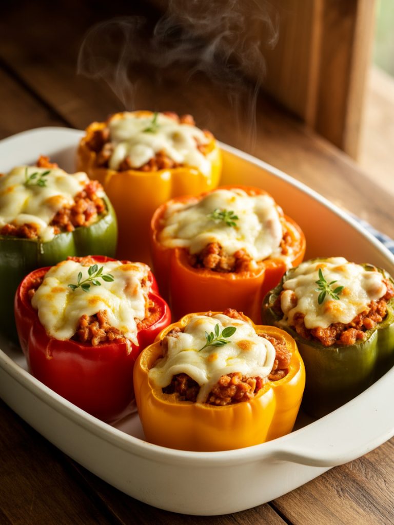 Colorful stuffed bell peppers filled with ground turkey, rice, and topped with melted cheese in baking dish