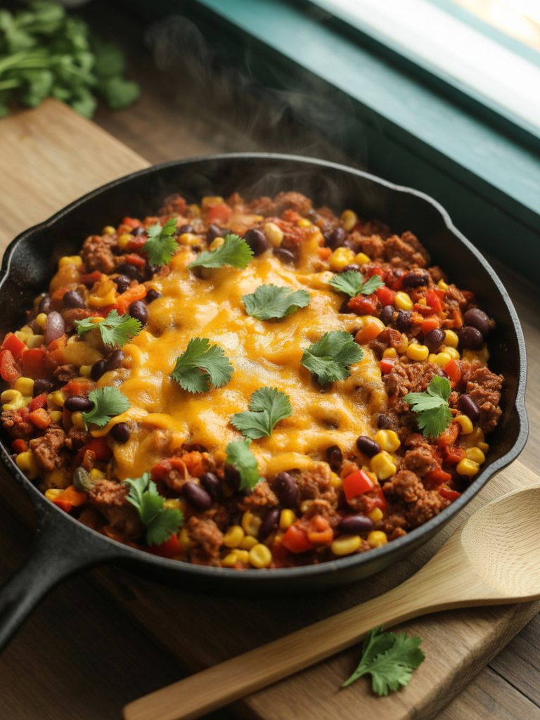 Colorful ground turkey taco skillet with black beans, corn, peppers, and melted cheese in cast iron pan