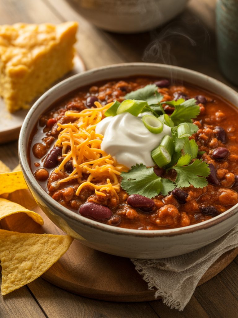 Hearty ground turkey chili with beans in rustic bowl topped with cheese, sour cream, and green onions