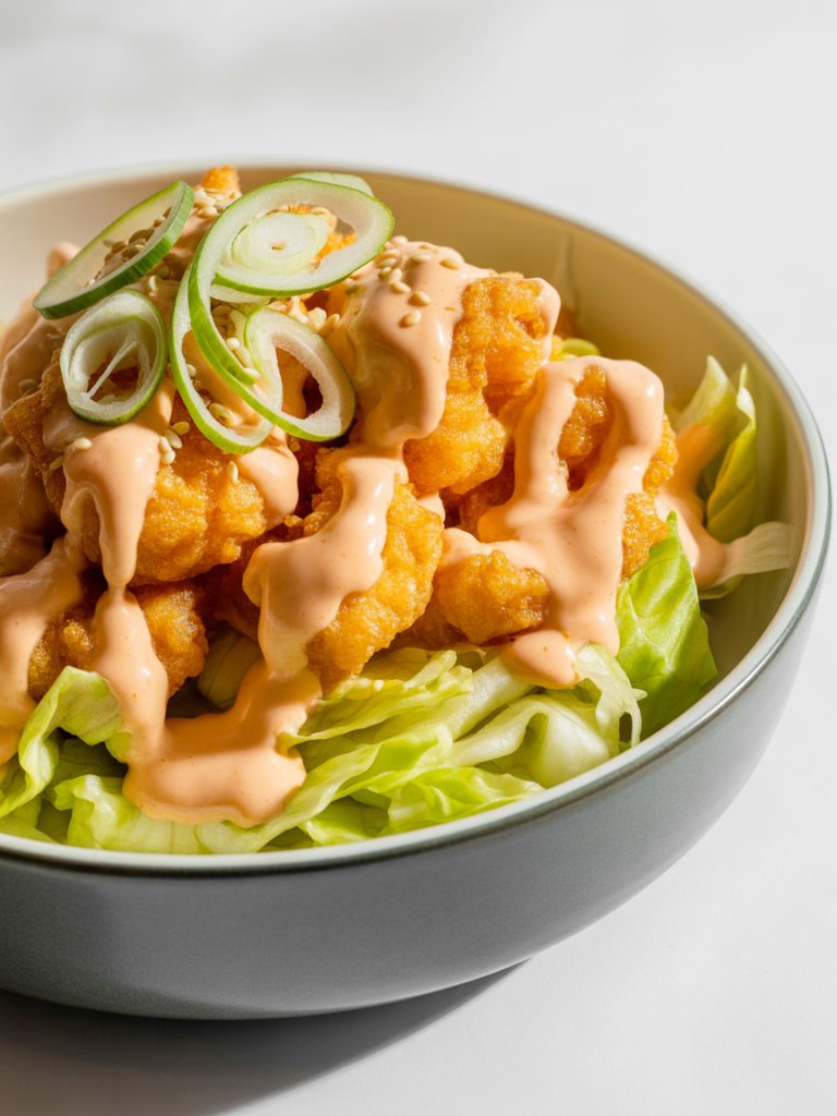 Crispy bang bang shrimp with spicy creamy sauce over shredded lettuce