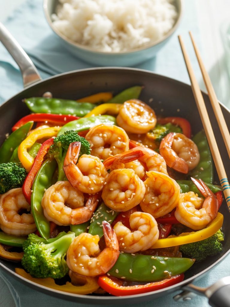 Honey garlic shrimp stir-fry with vegetables and sesame seeds in wok