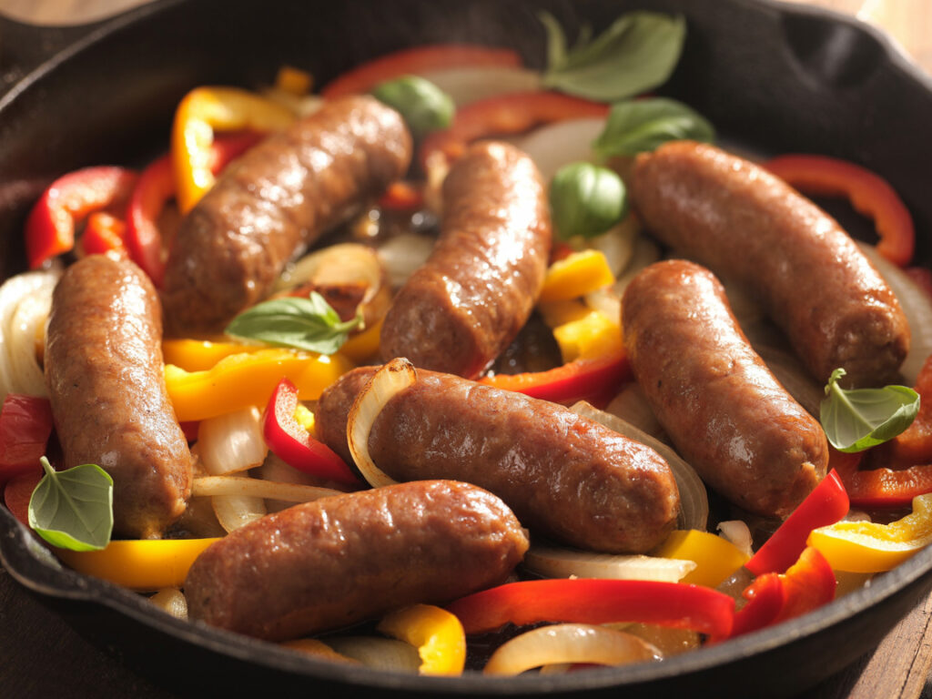 Italian sausage with bell peppers and onions in cast iron skillet