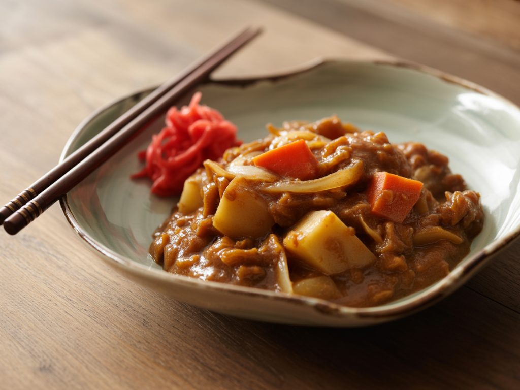 Japanese vegetable curry with potatoes and carrots served over white rice with pickled ginger