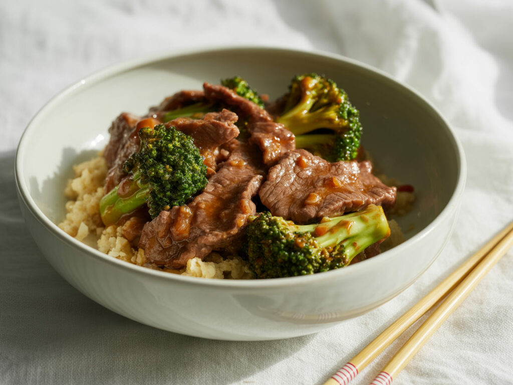 Keto beef and broccoli stir-fry over cauliflower rice in white bowl with chopsticks